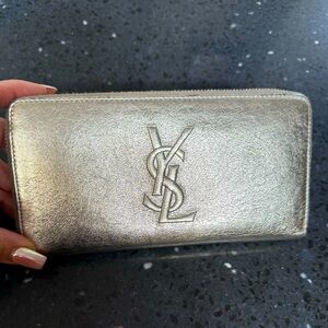 YSL Yves Saint Laurent belle du jour metallic silver leather zip around wallet